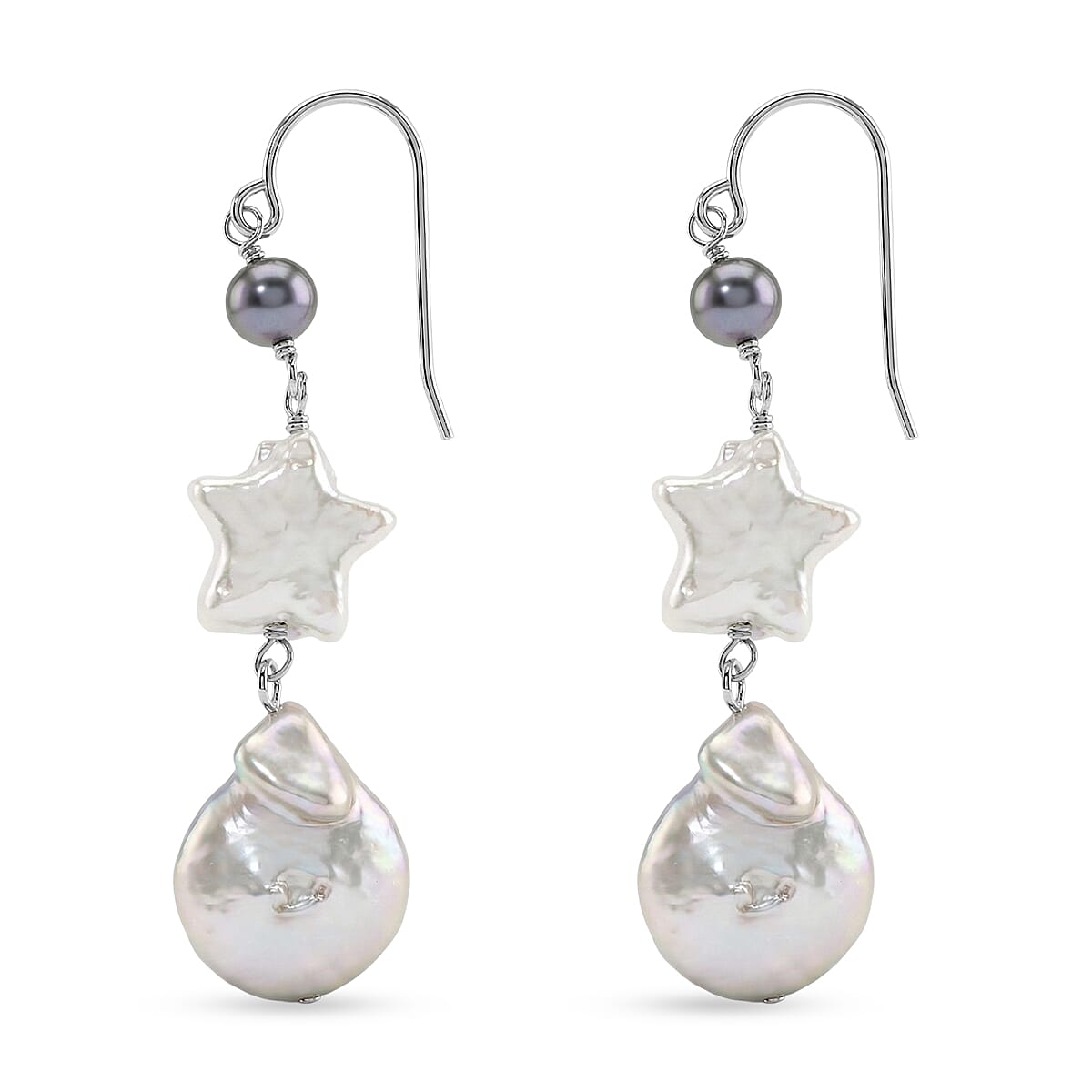 Freshwater White and Peacock Pearl Dangle Earrings in Sterling Silver image number 2
