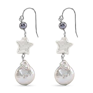 Freshwater White and Peacock Pearl Dangle Earrings in Sterling Silver
