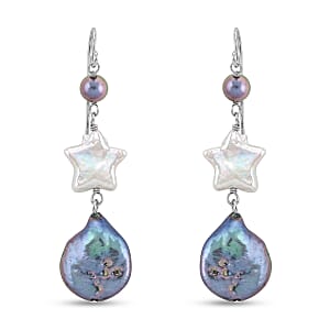 Freshwater Peacock and White Pearl Dangle Earrings in Sterling Silver