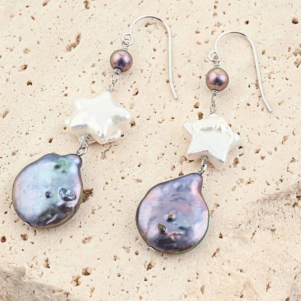 Freshwater Peacock and White Pearl Dangle Earrings in Sterling Silver image number 1