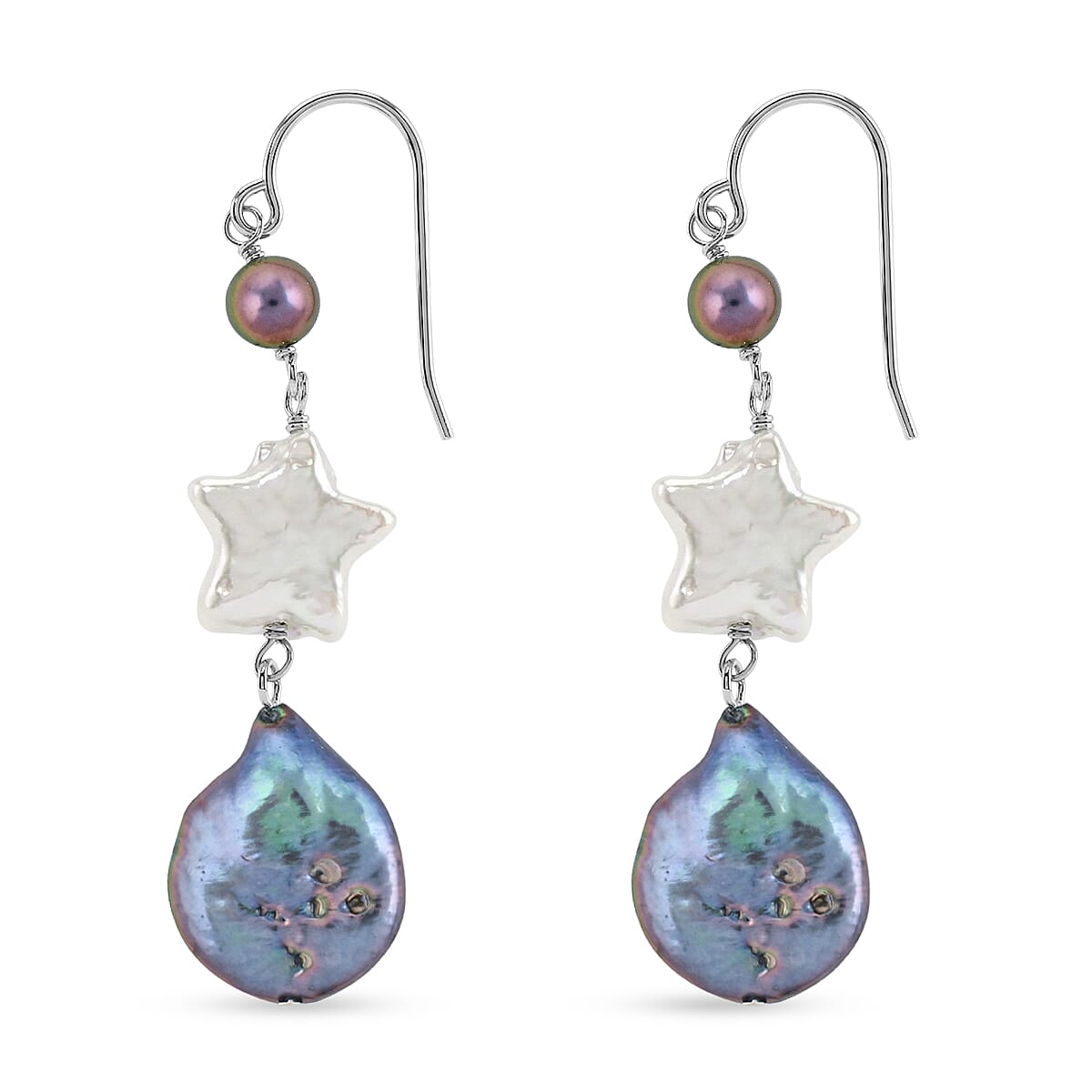 Freshwater Peacock and White Pearl Dangle Earrings in Sterling Silver image number 2