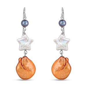 Freshwater Peach and Peacock Pearl Dangle Earrings in Sterling Silver