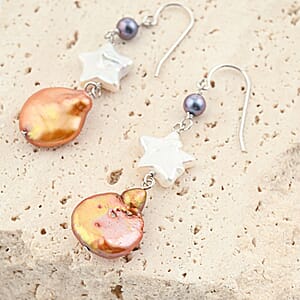 Freshwater Peach and Peacock Pearl Dangle Earrings in Sterling Silver