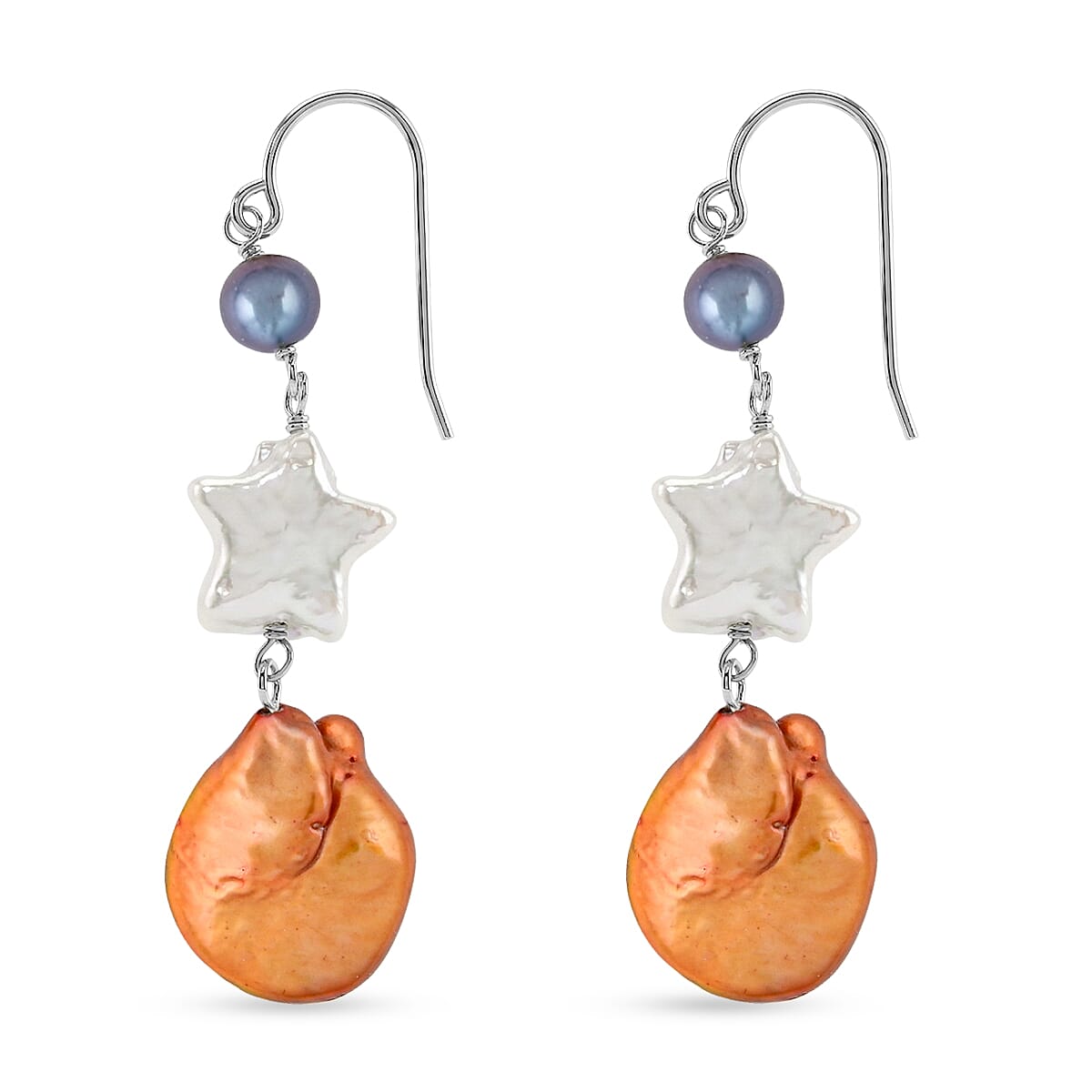 Freshwater Peach and Peacock Pearl Dangle Earrings in Sterling Silver image number 2