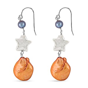 Freshwater Peach and Peacock Pearl Dangle Earrings in Sterling Silver