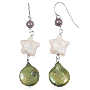 Freshwater Green, White and Peacock Pearl Dangle Earrings in Sterling Silver