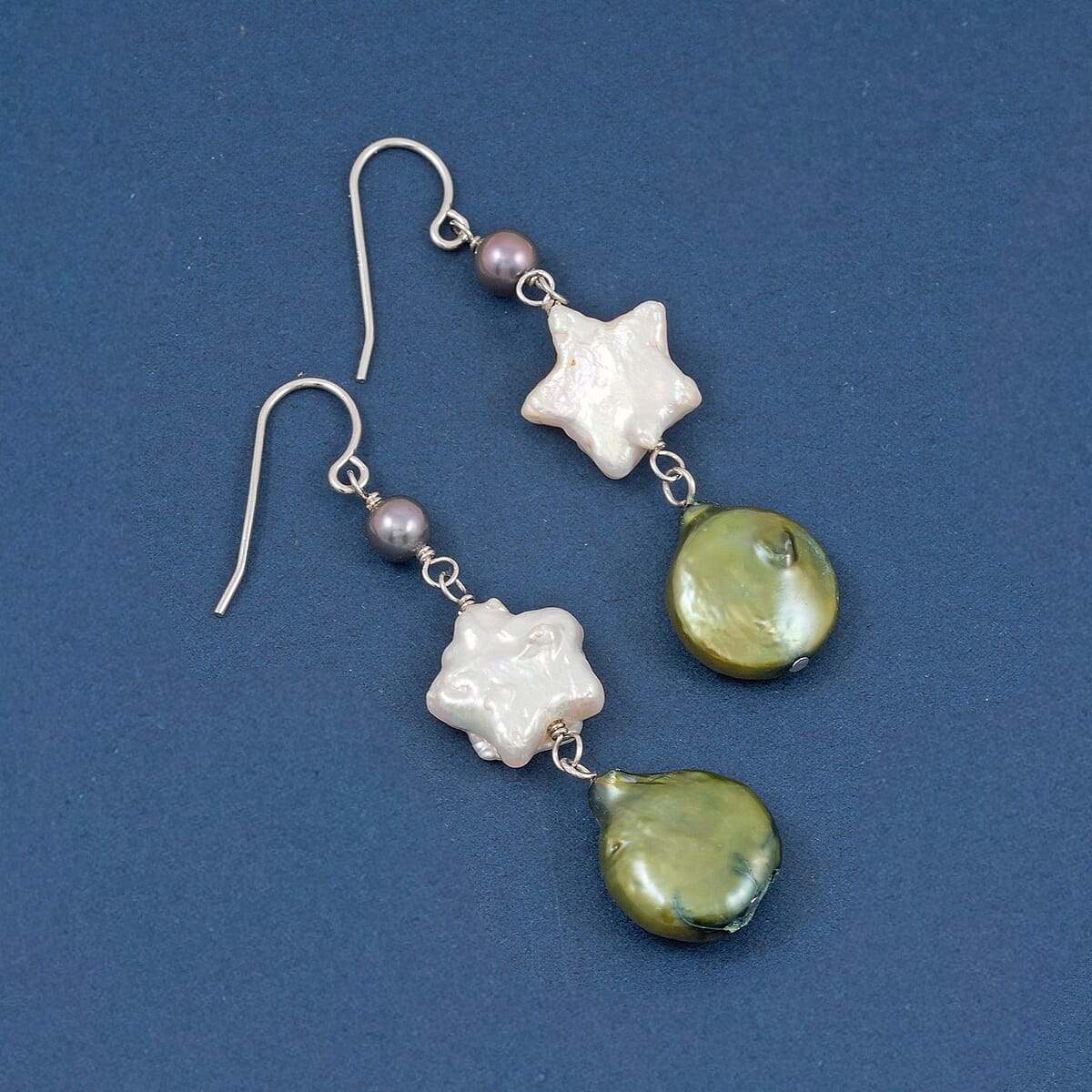 Freshwater Green, White and Peacock Pearl Dangle Earrings in Sterling Silver image number 1