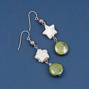 Freshwater Green, White and Peacock Pearl Dangle Earrings in Sterling Silver