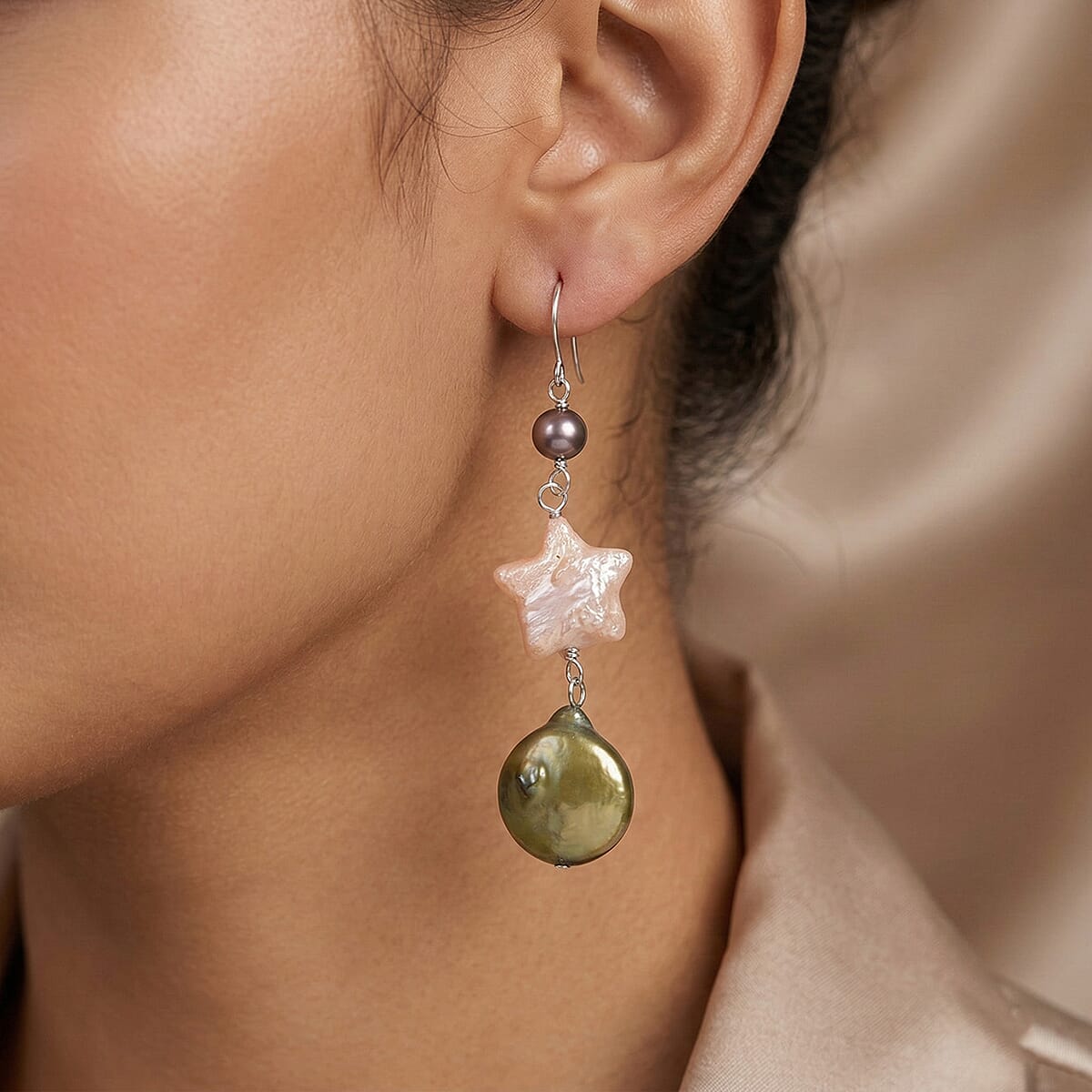 Freshwater Green, White and Peacock Pearl Dangle Earrings in Sterling Silver image number 2