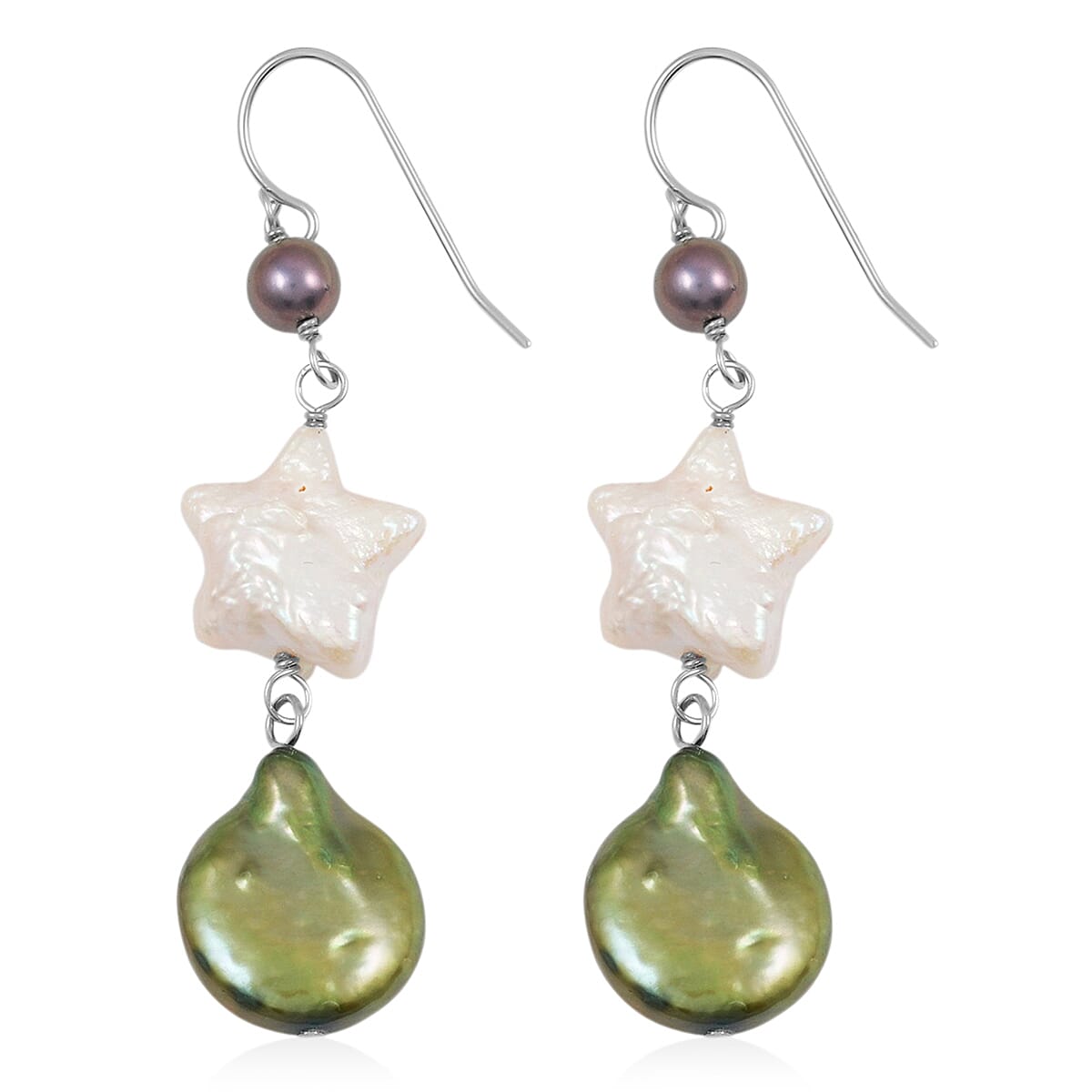 Freshwater Green, White and Peacock Pearl Dangle Earrings in Sterling Silver image number 3