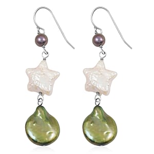Freshwater Green, White and Peacock Pearl Dangle Earrings in Sterling Silver