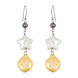 Freshwater Yellow, White and Peacock Pearl Dangle Earrings in Sterling Silver