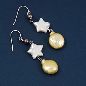 Freshwater Yellow, White and Peacock Pearl Dangle Earrings in Sterling Silver