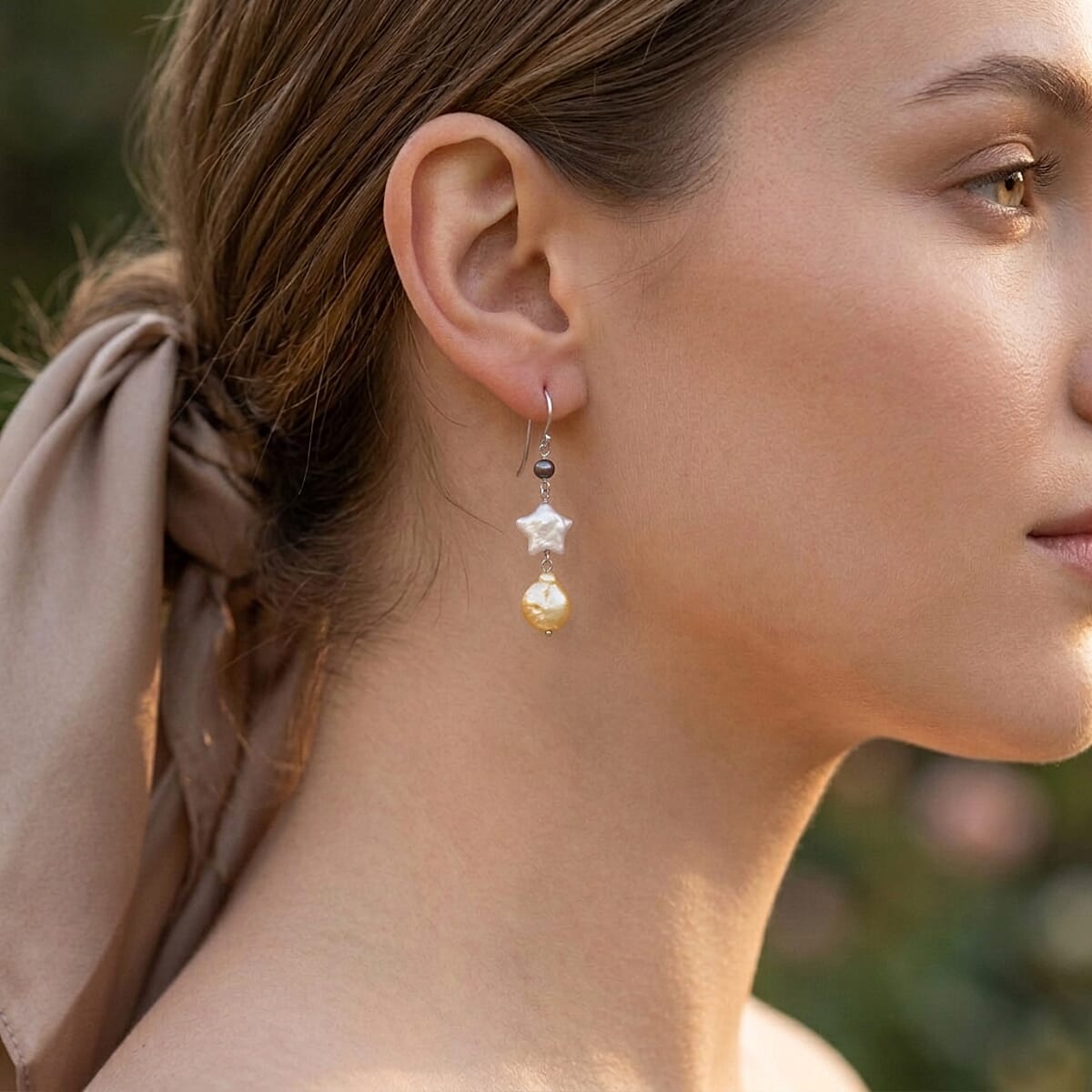 Freshwater Yellow, White and Peacock Pearl Dangle Earrings in Sterling Silver image number 2