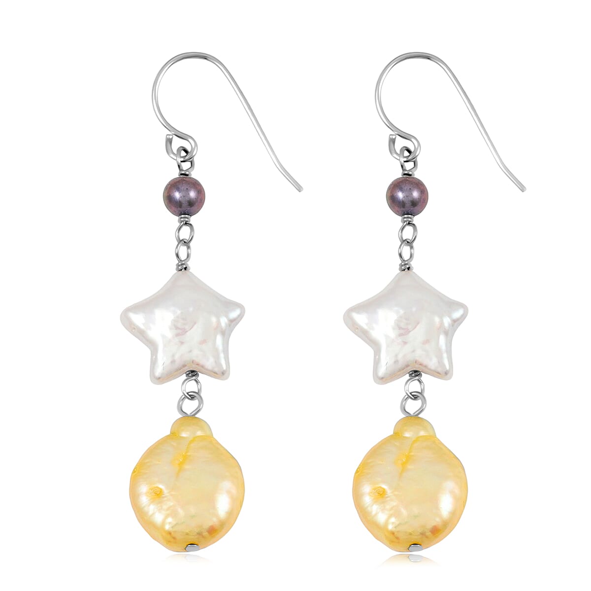 Freshwater Yellow, White and Peacock Pearl Dangle Earrings in Sterling Silver image number 3