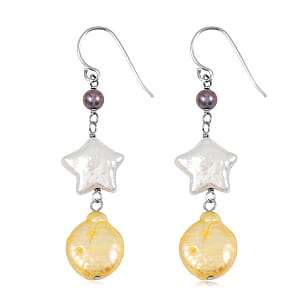 Freshwater Yellow, White and Peacock Pearl Dangle Earrings in Sterling Silver