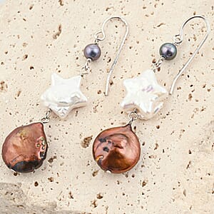 Freshwater Brown, White and Peacock Pearl Dangle Earrings in Sterling Silver