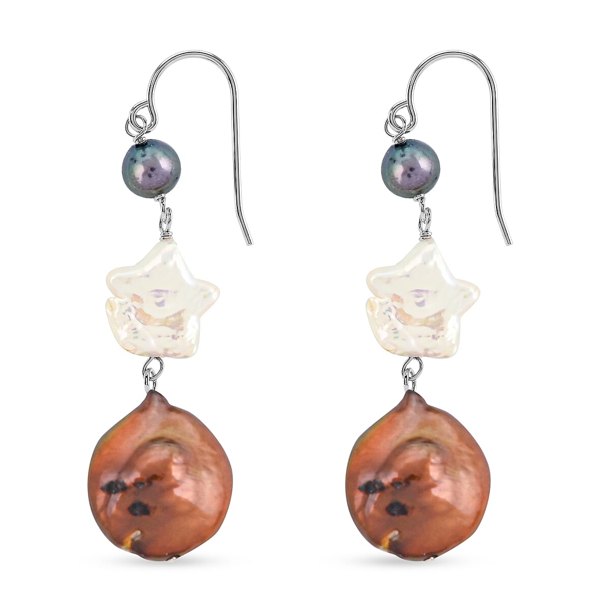 Freshwater Brown, White and Peacock Pearl Dangle Earrings in Sterling Silver image number 2