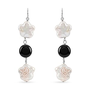 Freshwater Pearl, Black Onyx 2.10 ctw Dangle Earrings in Sterling Silver