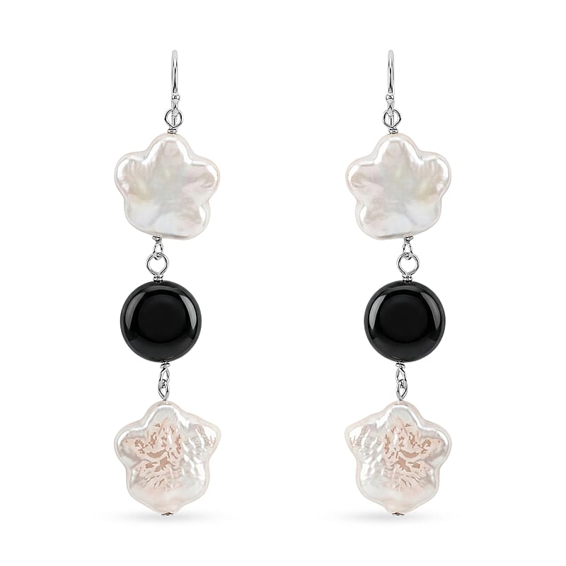 Freshwater Pearl, Black Onyx 2.10 ctw Dangle Earrings in Sterling Silver
