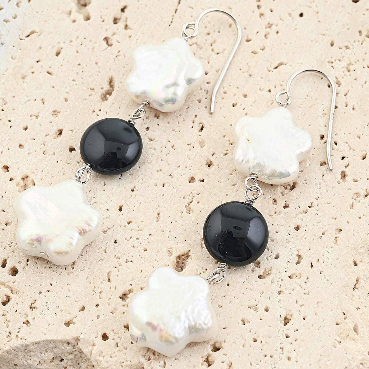 Freshwater Pearl, Black Onyx 2.10 ctw Dangle Earrings in Sterling Silver image number 1