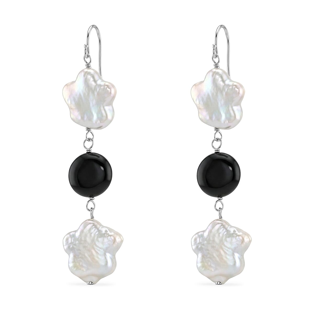 Freshwater Pearl, Black Onyx 2.10 ctw Dangle Earrings in Sterling Silver image number 2