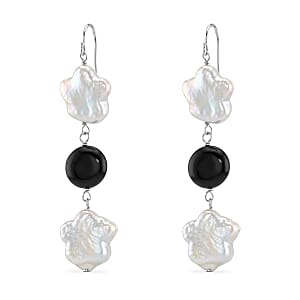 Freshwater Pearl, Black Onyx 2.10 ctw Dangle Earrings in Sterling Silver