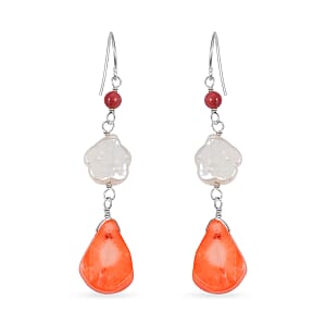 Freshwater Pearl, Multi Gemstone Dangle Earrings in Sterling Silver 0.20 ctw