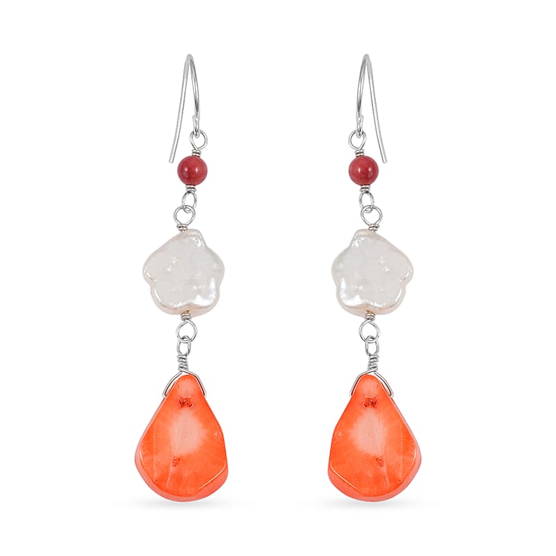 Freshwater Pearl, Multi Gemstone Dangle Earrings in Sterling Silver 0.20 ctw