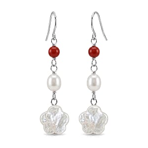 Freshwater Pearl, Red Agate 0.70 ctw Dangle Earrings in Sterling Silver
