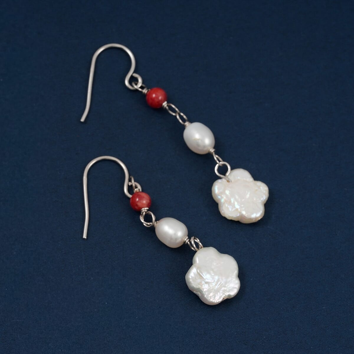 Freshwater Pearl, Red Agate 0.70 ctw Dangle Earrings in Sterling Silver image number 1