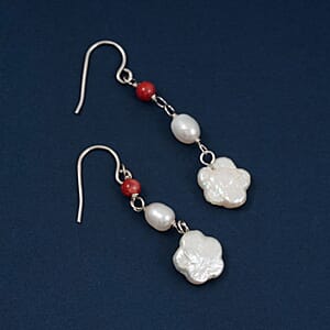 Freshwater Pearl, Red Agate 0.70 ctw Dangle Earrings in Sterling Silver