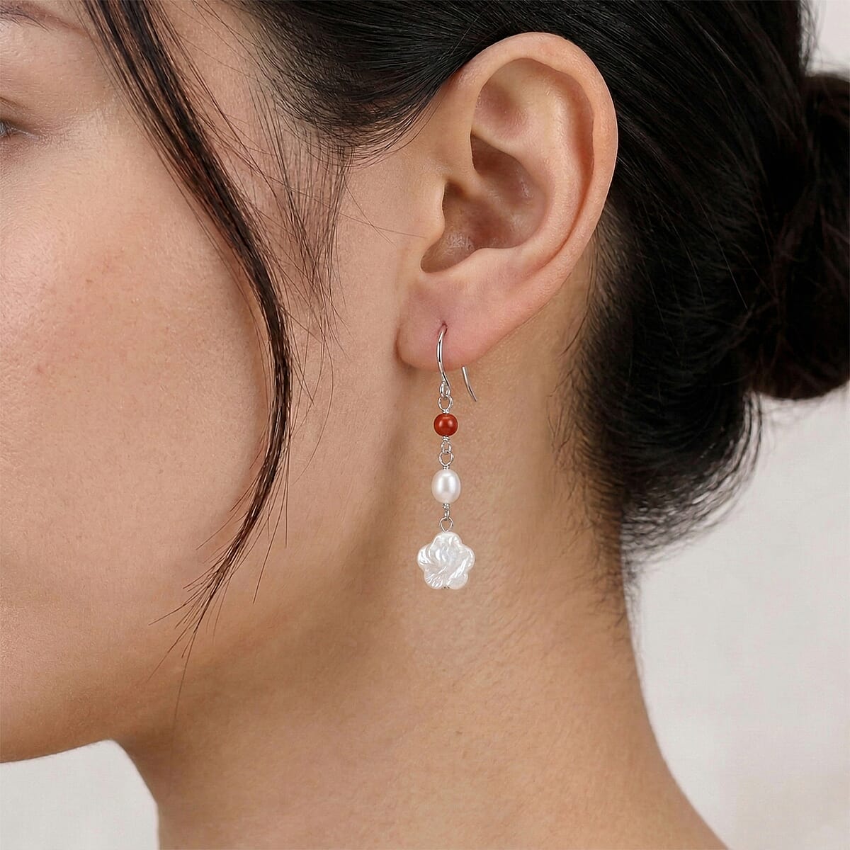 Freshwater Pearl, Red Agate 0.70 ctw Dangle Earrings in Sterling Silver image number 2