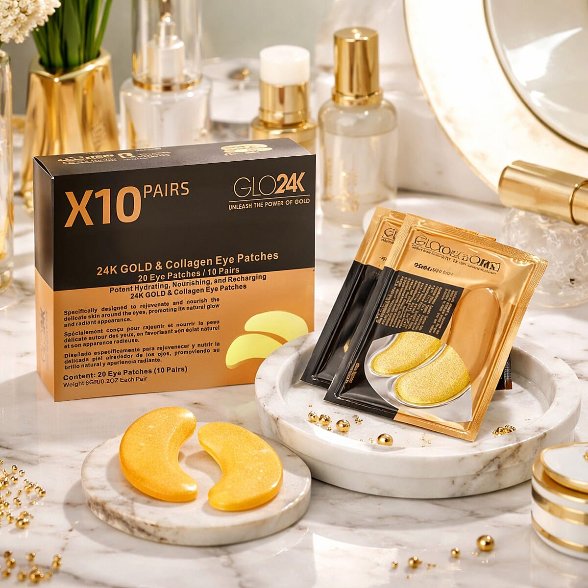 GLO24K 24k Gold & Collagen Eye Patches (20 Patches/10 Pairs) FREE GIFT image number 1