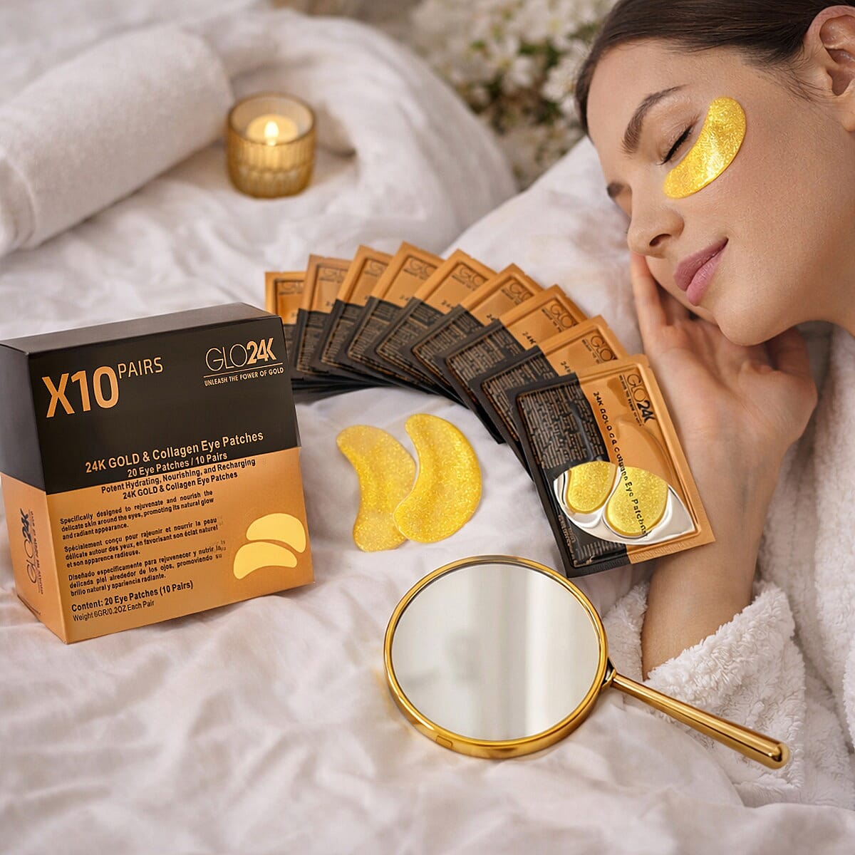 GLO24K 24k Gold & Collagen Eye Patches (20 Patches/10 Pairs) FREE GIFT image number 2