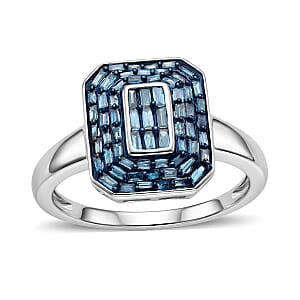 D'Joy Natural Blue Diamond 0.50 ctw Cluster Halo Ring in Rhodium Over Sterling Silver (Size 10.0)