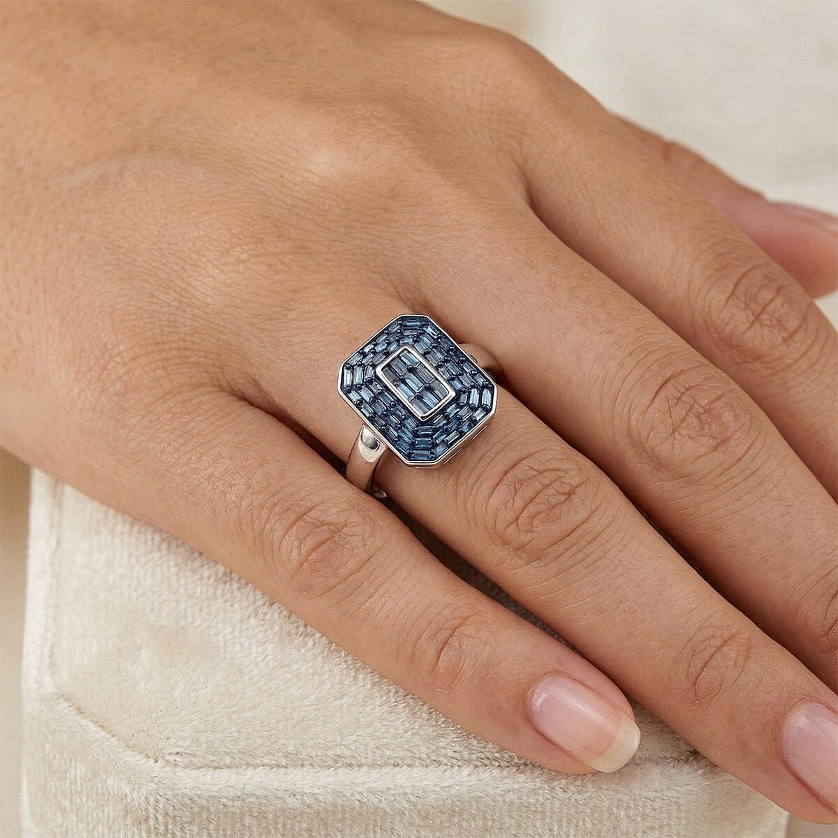 D'Joy Natural Blue Diamond Cluster Halo Ring in Rhodium Over Sterling Silver (Size 10.0) 0.50 ctw image number 2