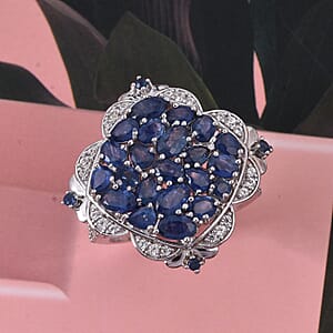 D'Joy Kanchanaburi Blue Sapphire and White Zircon 6.10 ctw Royal Color Cluster Ring in Rhodium Over Sterling Silver (Size 10.0)