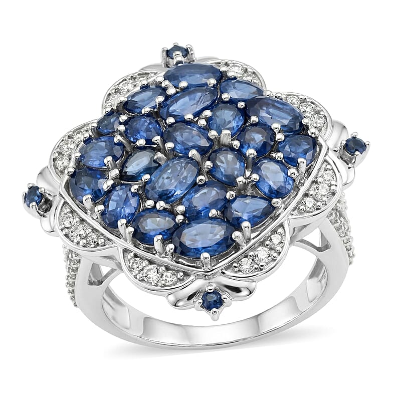 D'Joy Kanchanaburi Blue Sapphire and White Zircon 6.10 ctw Royal Color Cluster Ring in Rhodium Over Sterling Silver (Size 6.0)