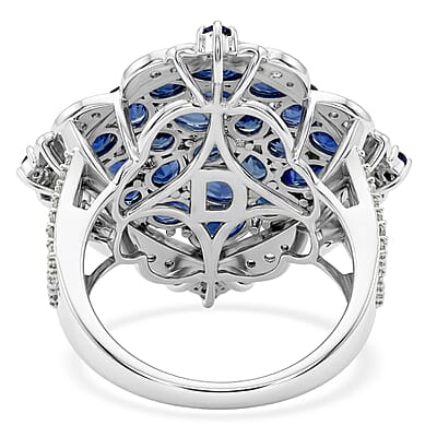 D'Joy Kanchanaburi Blue Sapphire and White Zircon 6.10 ctw Royal Color Cluster Ring in Rhodium Over Sterling Silver (Size 6.0)