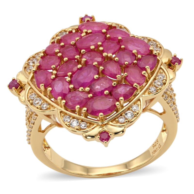 D'Joy Mozambique Ruby and White Zircon 5.50 ctw Royal Color Cluster Ring in 18K Vermeil Yellow Gold Over Sterling Silver (Size 6.0)