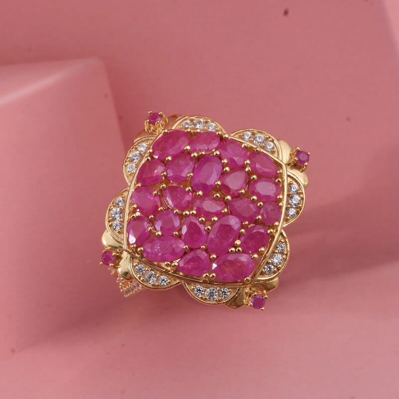 D'Joy Mozambique Ruby and White Zircon 5.50 ctw Royal Color Cluster Ring in 18K Vermeil Yellow Gold Over Sterling Silver (Size 6.0)