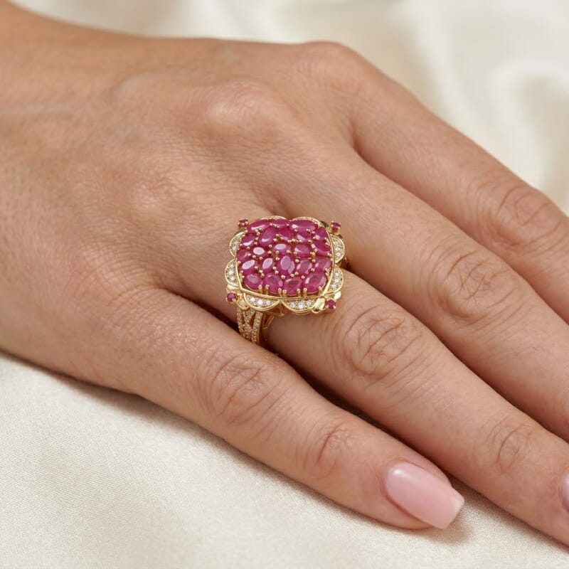 D'Joy Mozambique Ruby and White Zircon 5.50 ctw Royal Color Cluster Ring in 18K Vermeil Yellow Gold Over Sterling Silver (Size 6.0)