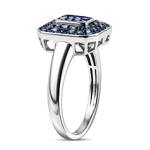 D'Joy Natural Blue Diamond 0.50 ctw Cluster Halo Ring in Rhodium Over Sterling Silver (Size 6.0)