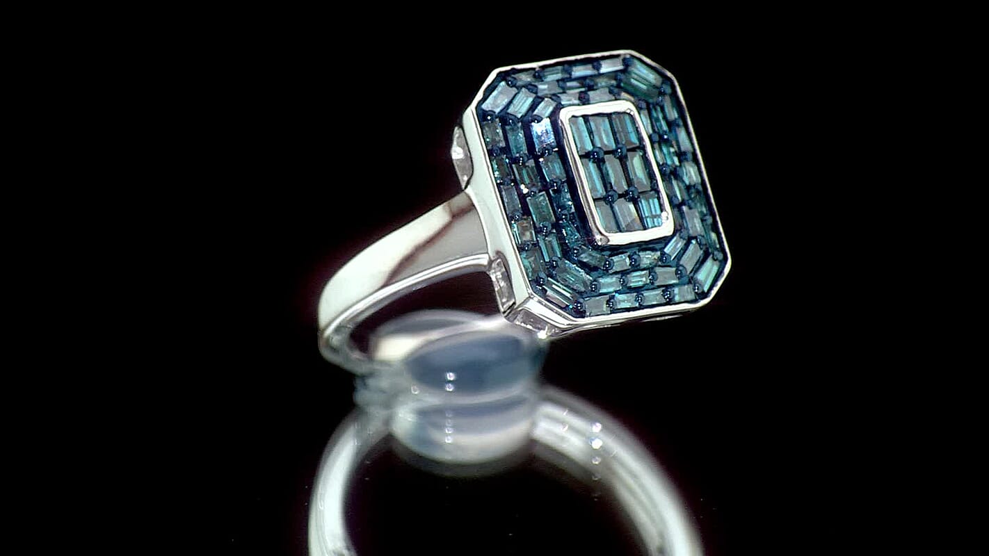 D'Joy Natural Blue Diamond Cluster Halo Ring in Rhodium Over Sterling Silver (Size 10.0) 0.50 ctw