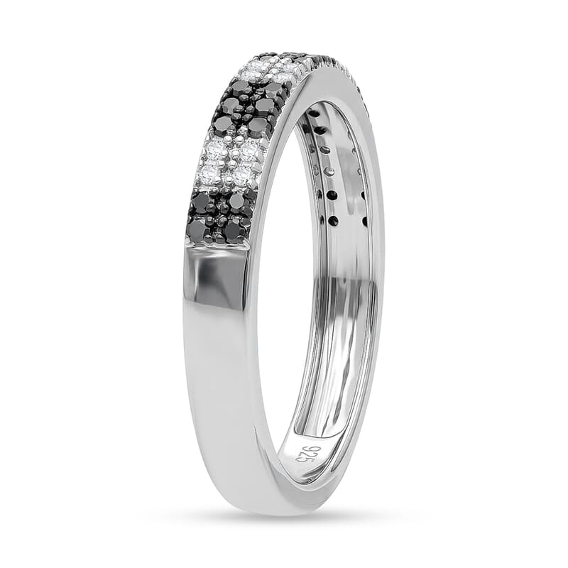 D'Joy Natural Black and White Diamond 0.25 ctw Band Ring in Rhodium Over Sterling Silver (Size  10.0)