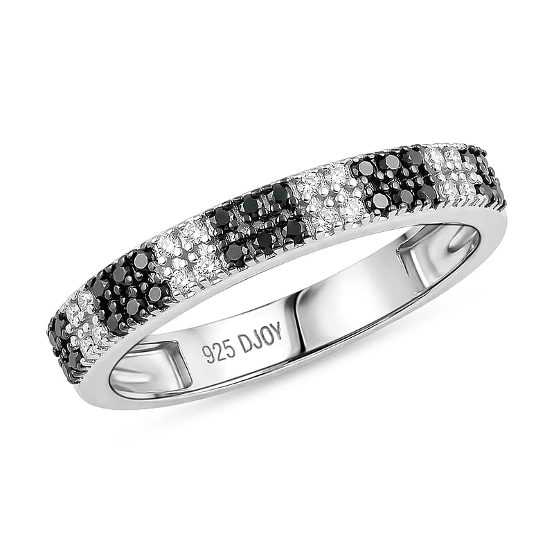 D'Joy Natural Black and White Diamond 0.25 ctw Band Ring in Rhodium Over Sterling Silver (Size  5.0)