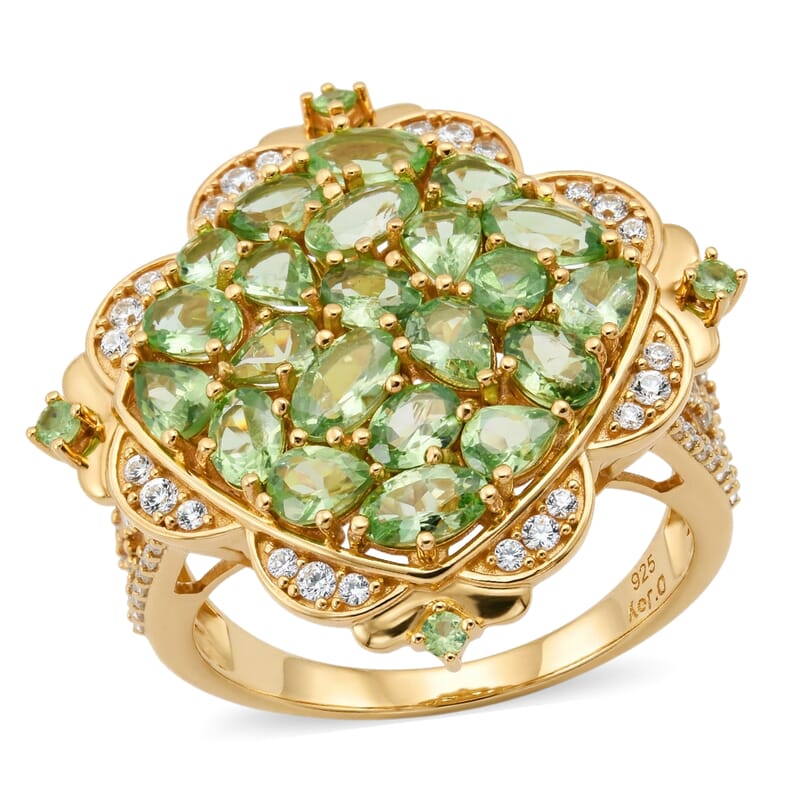D'Joy Tsavorite Garnet and White Zircon 5.00 ctw Royal Color Cluster Ring in 18K Vermeil Yellow Gold Over Sterling Silver (Size 6.0)