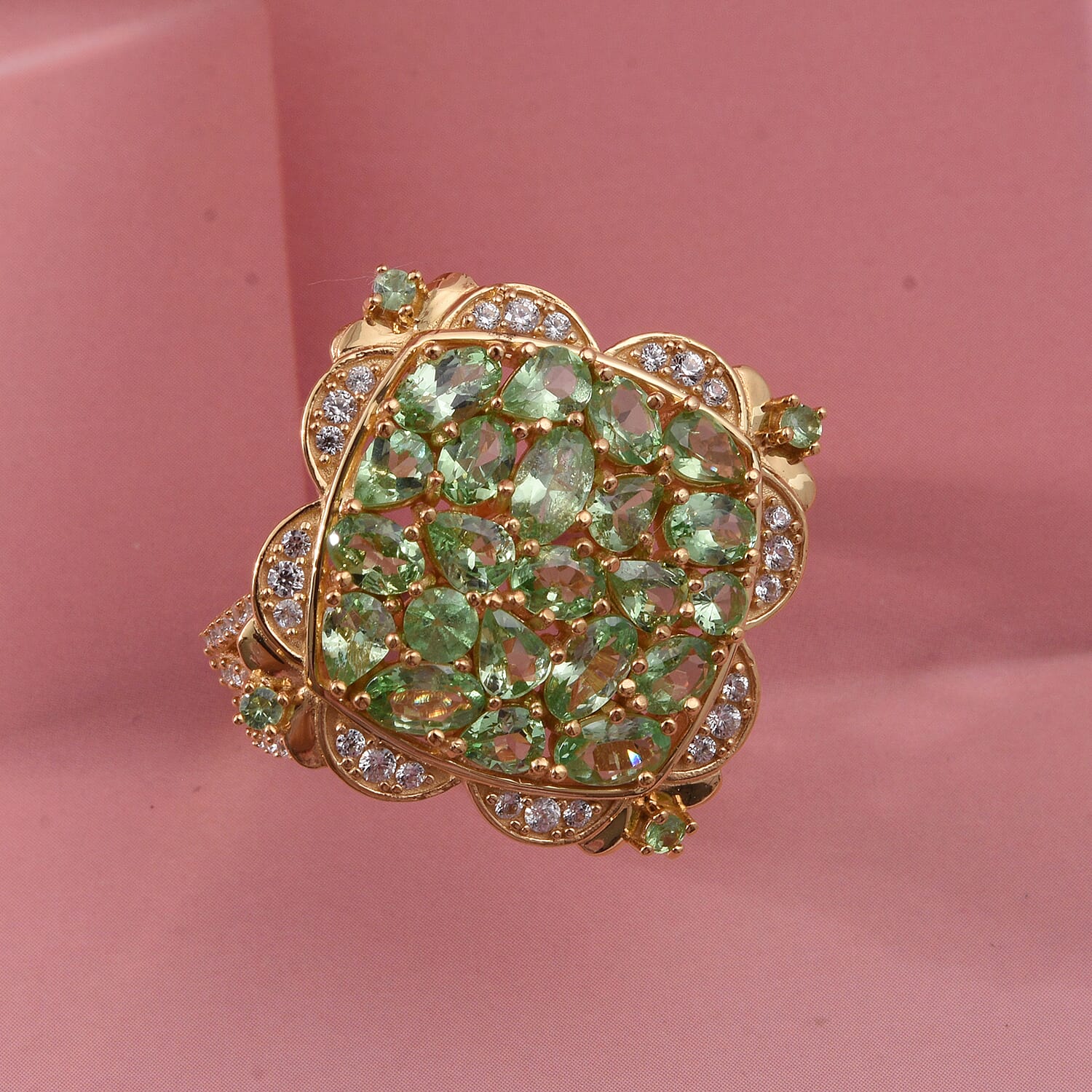 D'Joy Tsavorite Garnet and White Zircon 5.00 ctw Royal Color Cluster Ring in 18K Vermeil Yellow Gold Over Sterling Silver (Size 6.0)