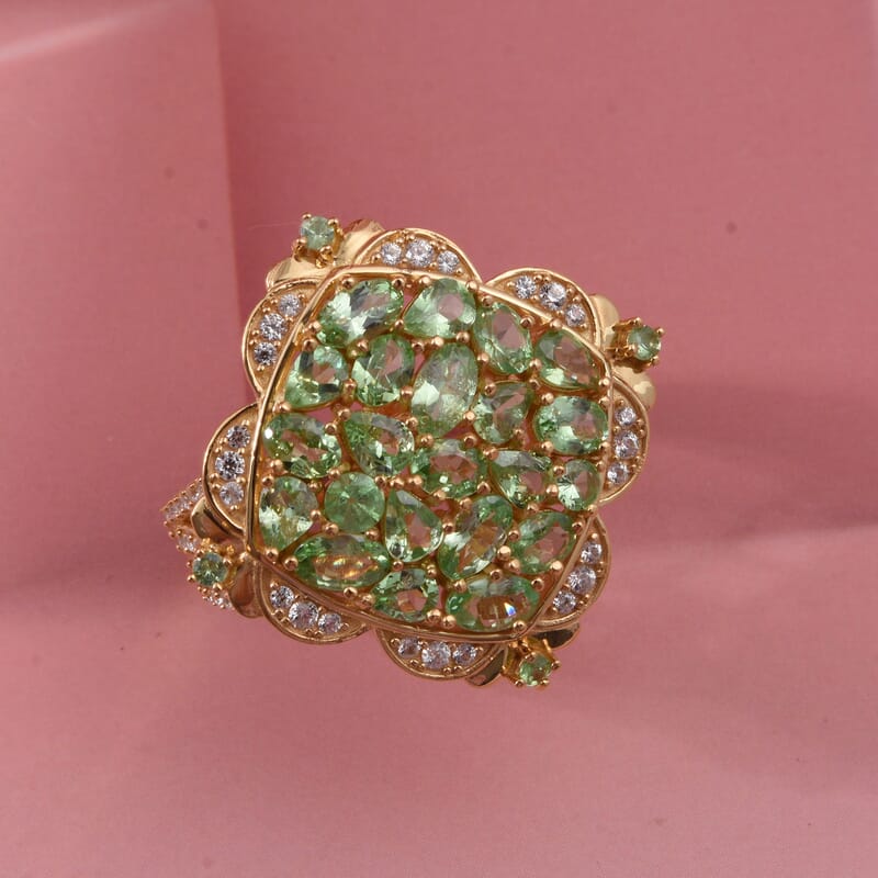 D'Joy Tsavorite Garnet and White Zircon 5.00 ctw Royal Color Cluster Ring in 18K Vermeil Yellow Gold Over Sterling Silver (Size 6.0)